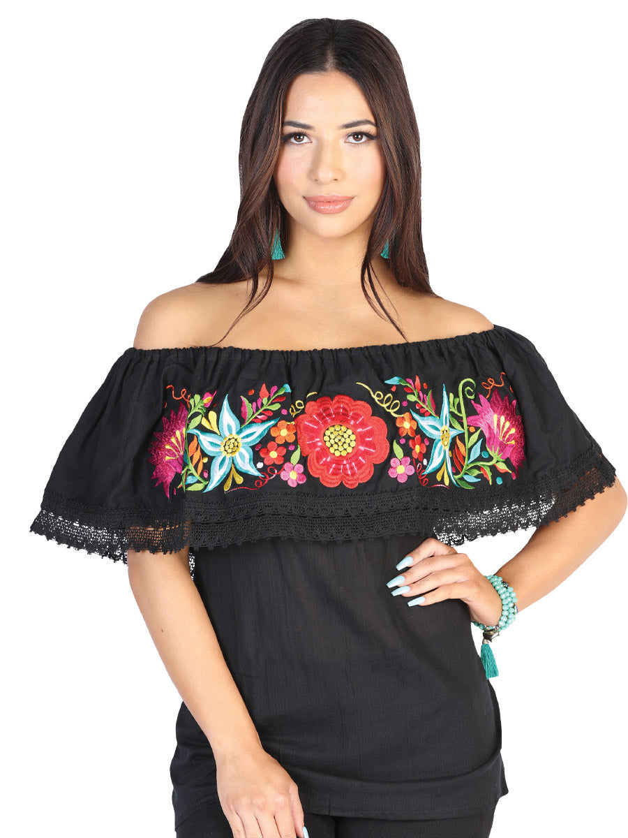 Mexican Embroidered Blouse With Black Cotton Polyester Blend