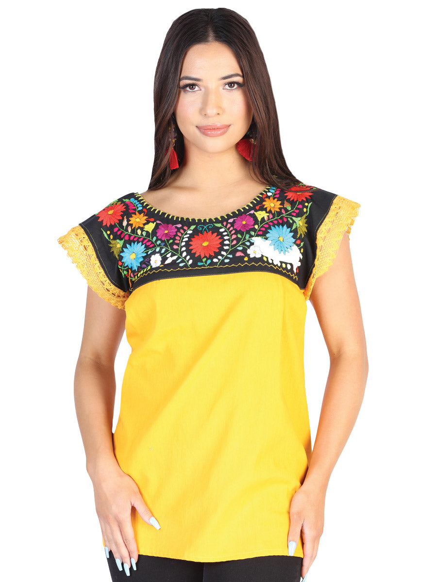 Artisanal Embroidered Blouse 50% Cotton 50% Polyester in Yellow