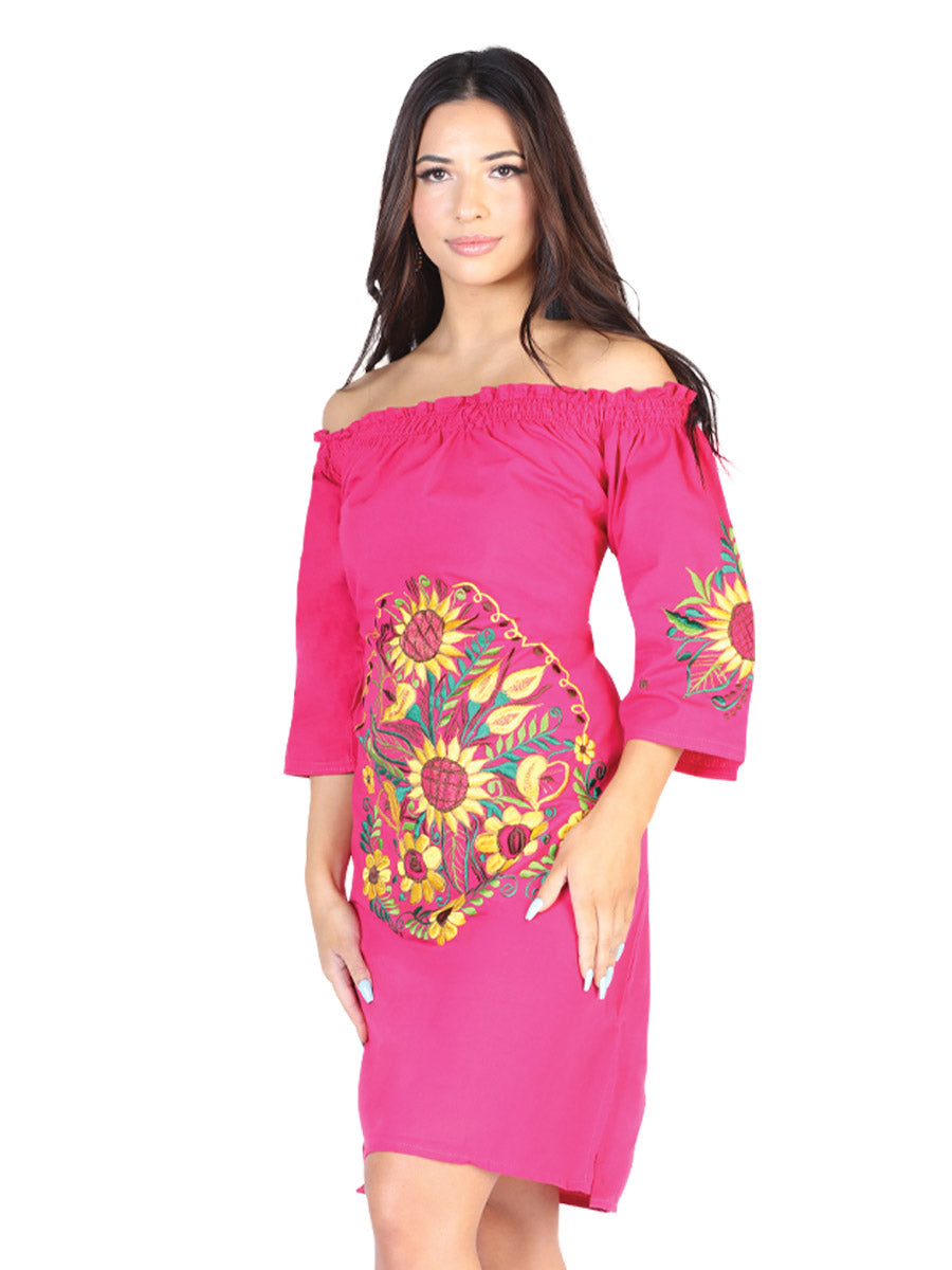 Artisanal Embroidered Dress 100% Cotton in Fuchsia