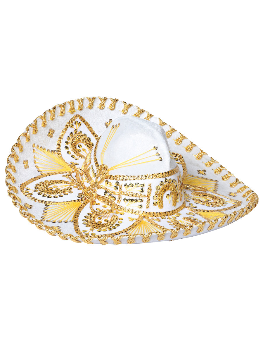 Youth Mexican Charro Hat — Velvet in White/Gold