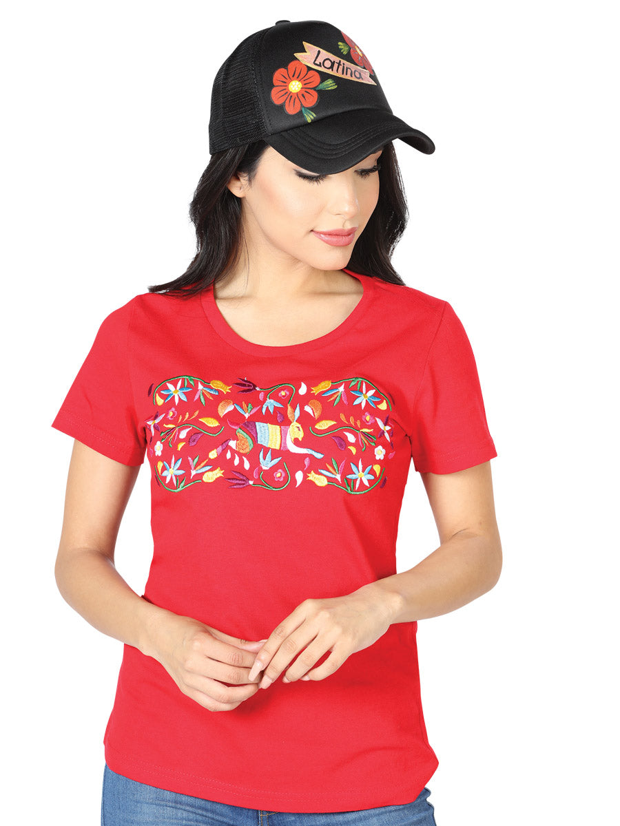 Artisanal Embroidered T Shirt in Red