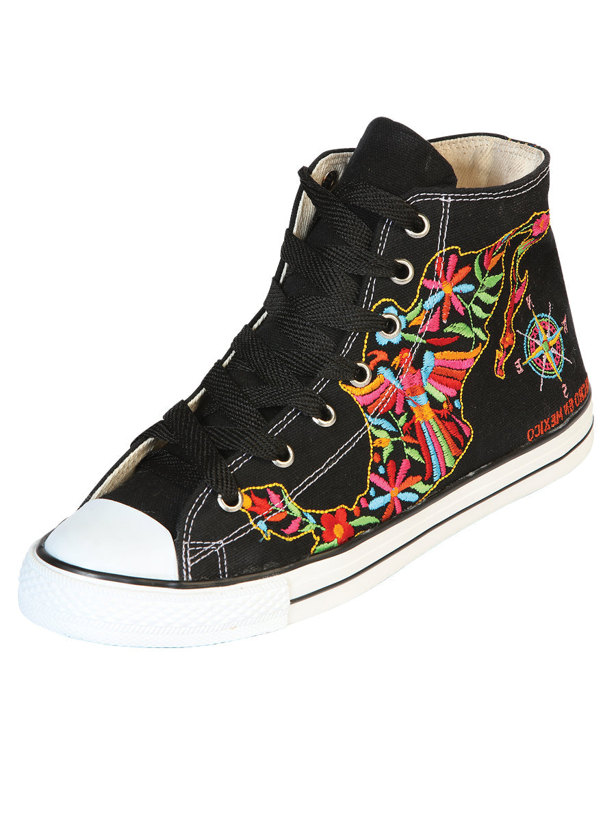 Artisanal Embroidered Sneakers Textile Canvas in Black