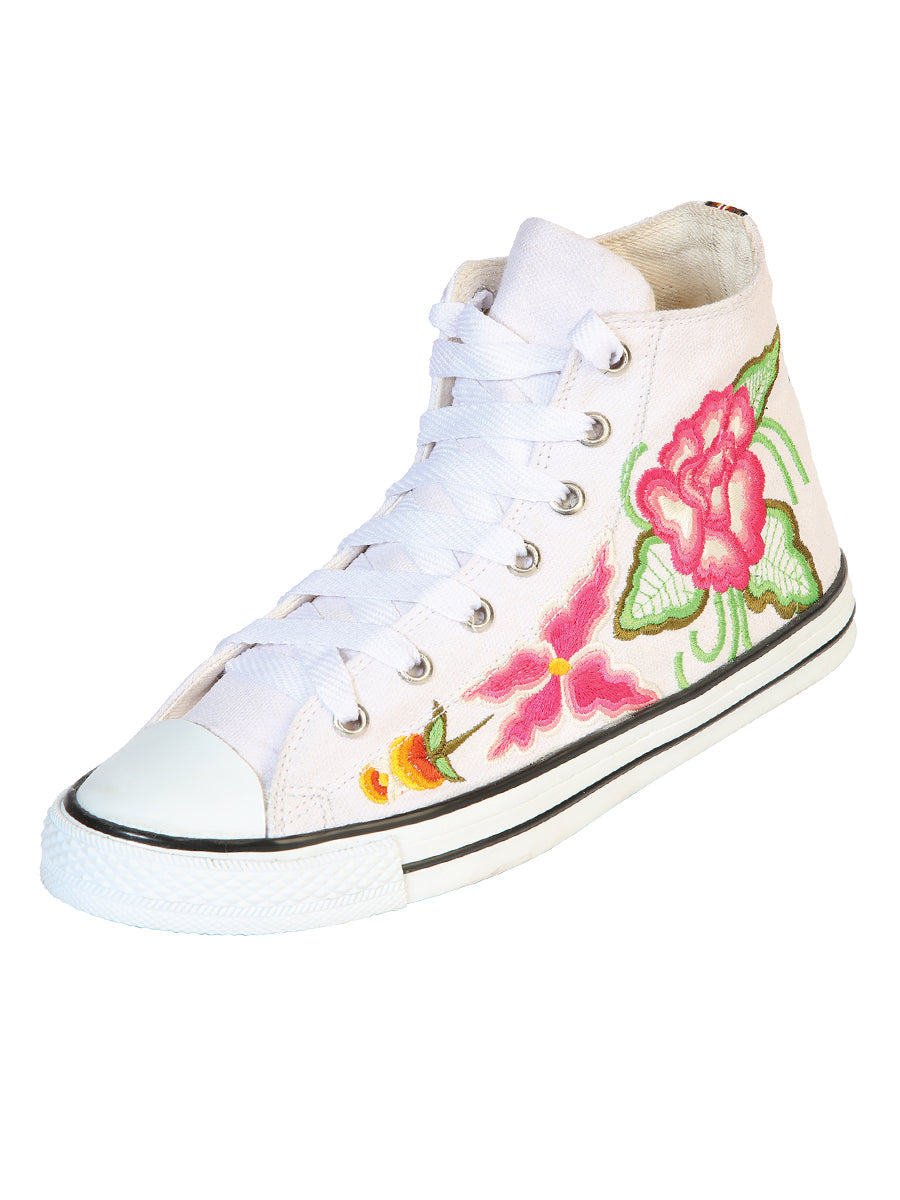 Artisanal Embroidered Sneakers Textile Canvas in White