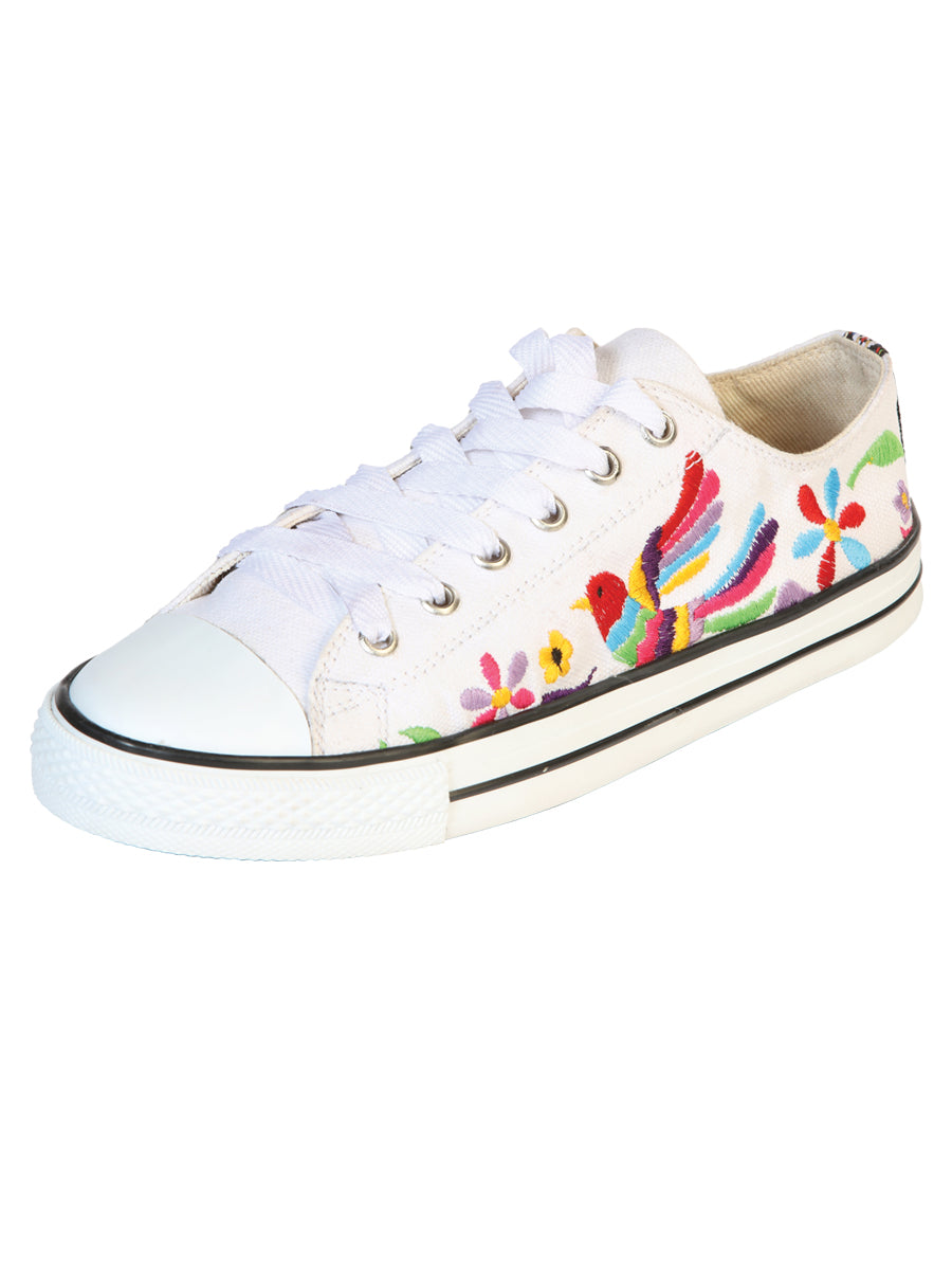 Artisanal Embroidered Sneakers Textile Canvas in White