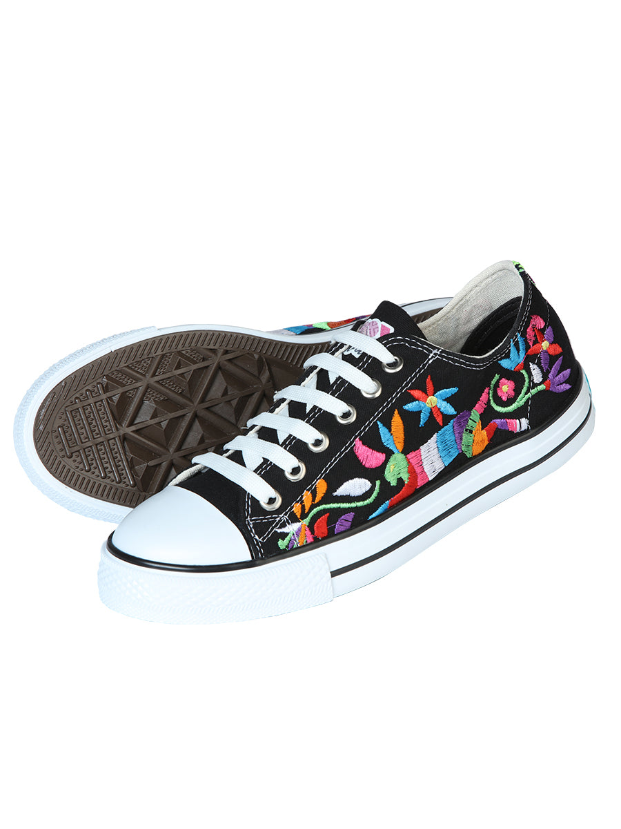 Artisanal Embroidered Sneakers — Textile Canvas in Black