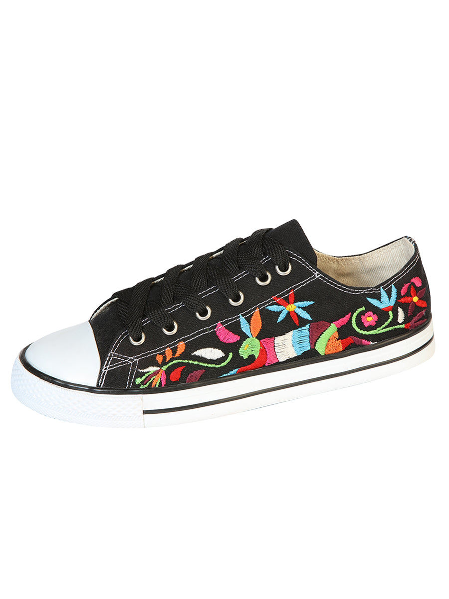 Artisanal Embroidered Sneakers — Textile Canvas in Black