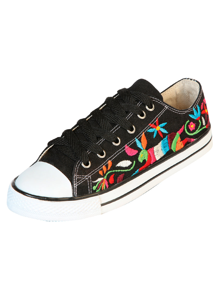 Artisanal Embroidered Sneakers — Textile Canvas in Black