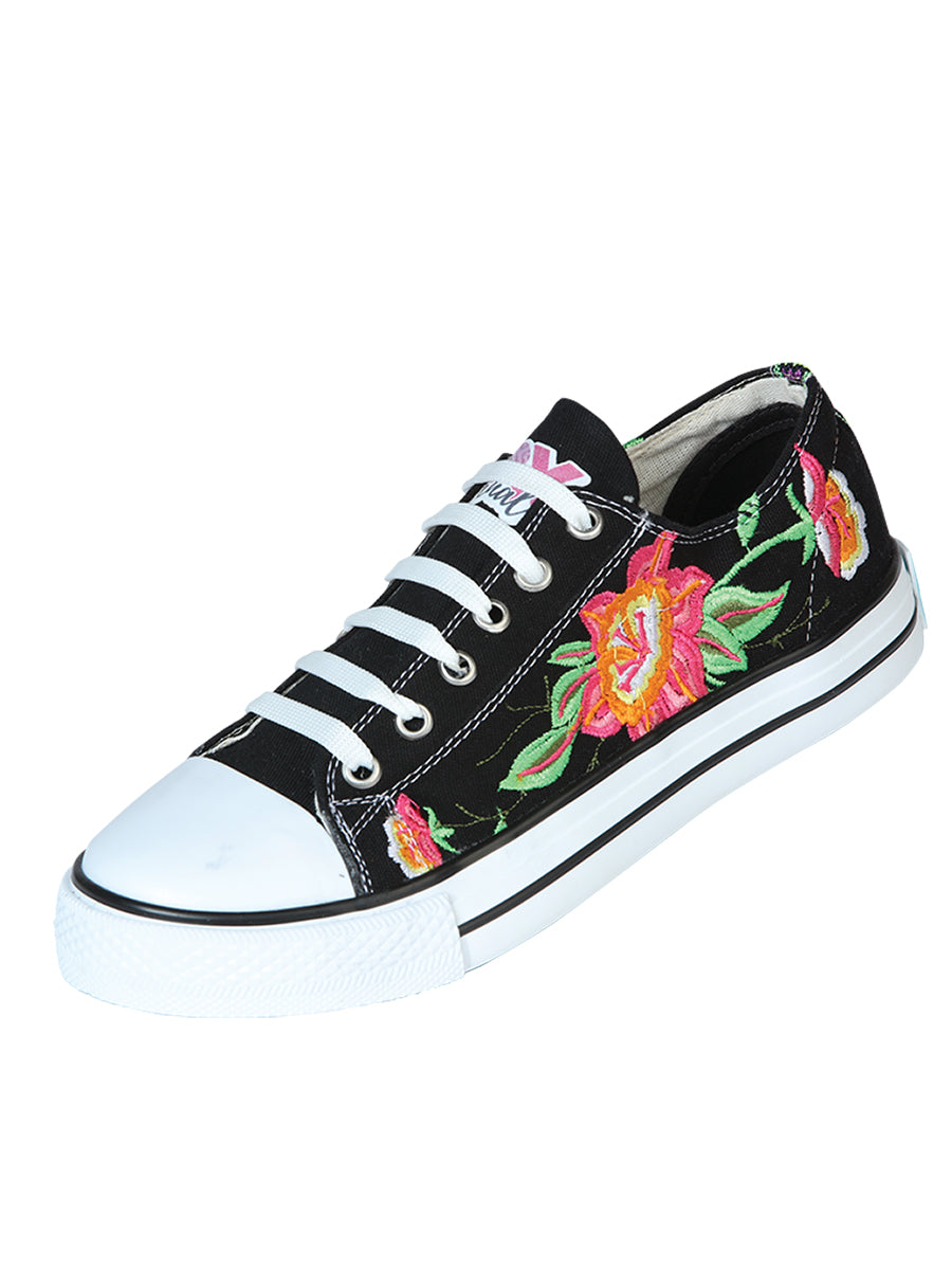 Artisanal Embroidered Sneakers Textile Canvas in Black