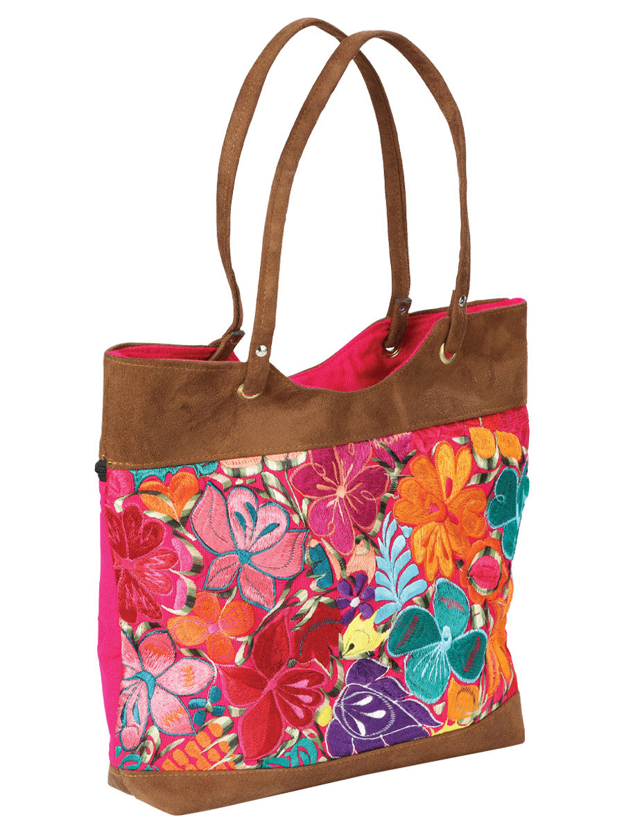 Artisanal Embroidered Suede Bag in Brown Multicolor