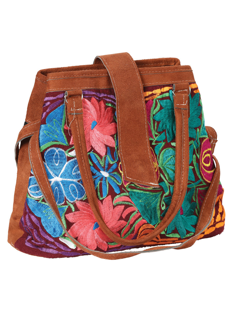Artisanal Embroidered Suede Bag in Brown Multicolor