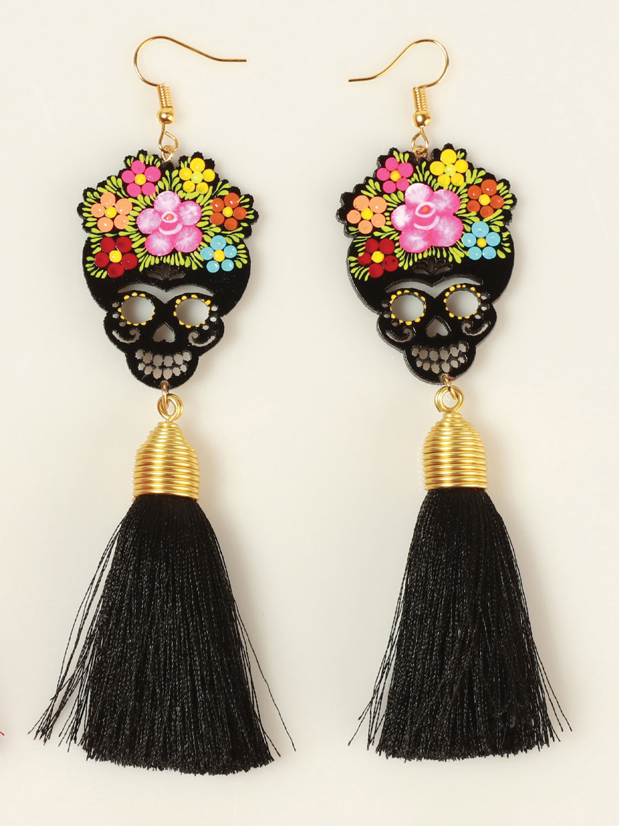 Artisanal Hand-Painted Earrings — Wood &amp; Silk Thread in Black