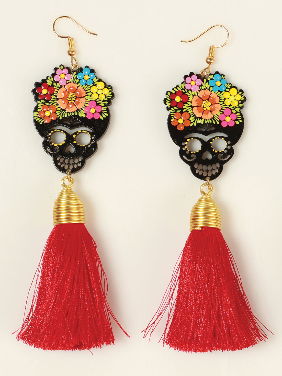 Artisanal Hand-Painted Earrings — Wood &amp; Silk Thread in Red