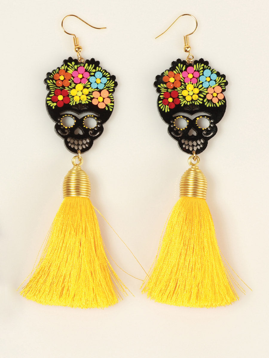 Artisanal Hand-Painted Earrings — Wood-Silk Thread in Yellow