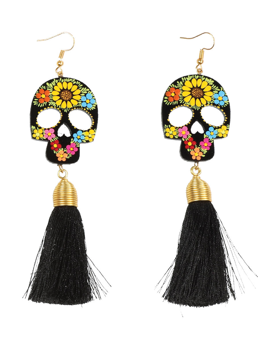 Artisanal Hand-Painted Earrings — Wood &amp; Silk Thread in Black