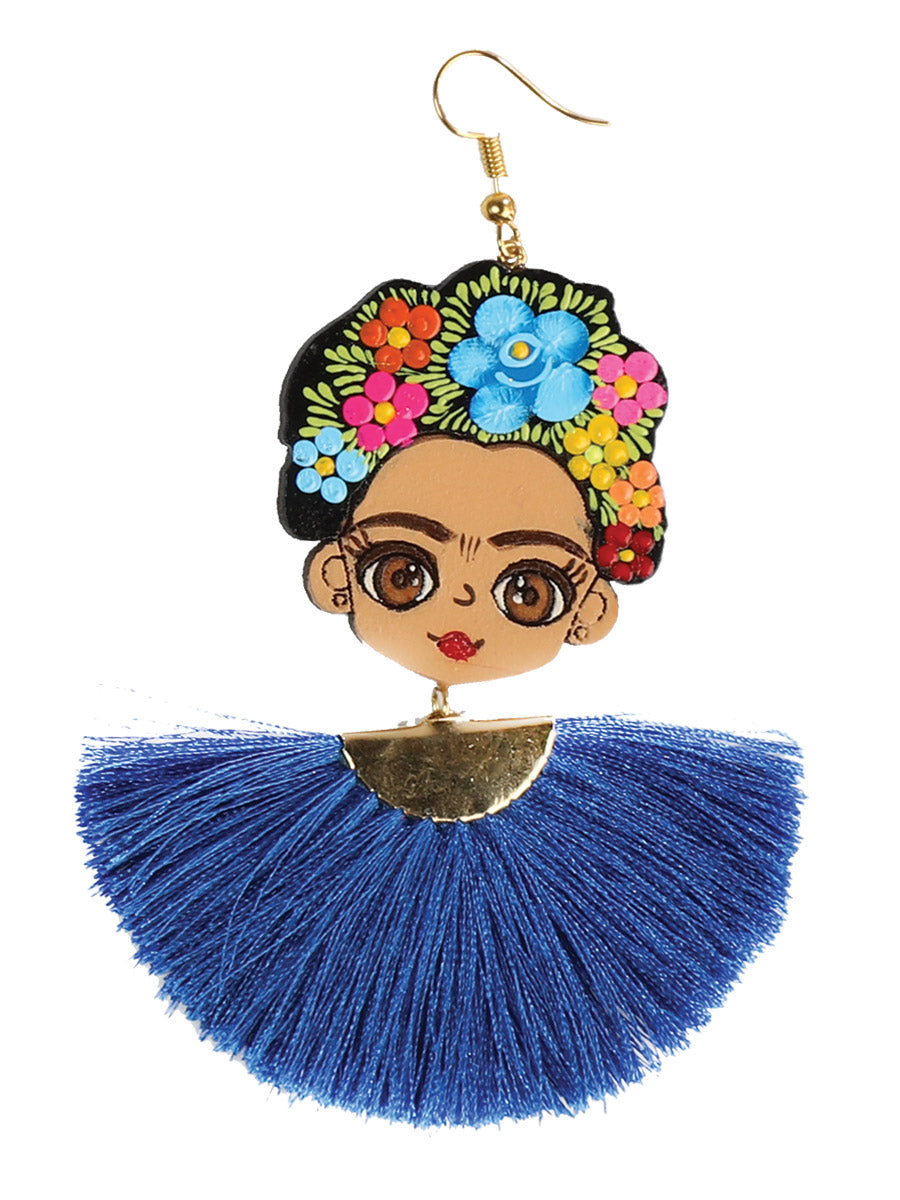 Artisanal Hand-Painted Earrings — Wood-Silk Thread in Royal Blue