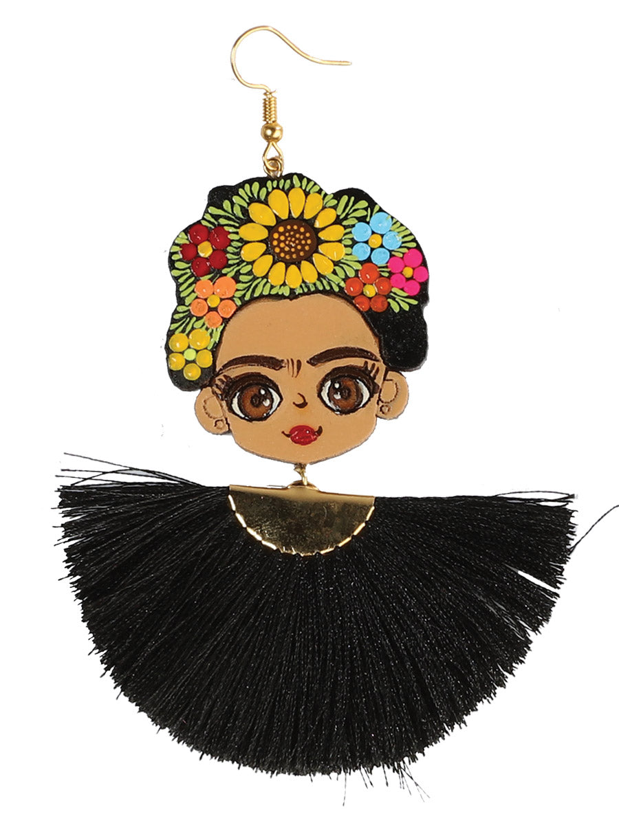 Artisanal Hand-Painted Earrings — Wood-Silk Thread in Black