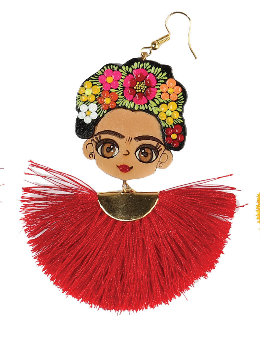 Artisanal Hand-Painted Earrings — Wood-Silk Thread in Red