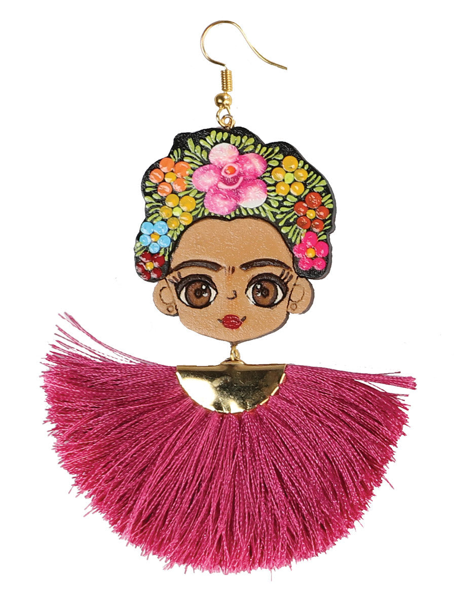 Artisanal Hand-Painted Earrings — Wood-Silk Thread in Fuchsia