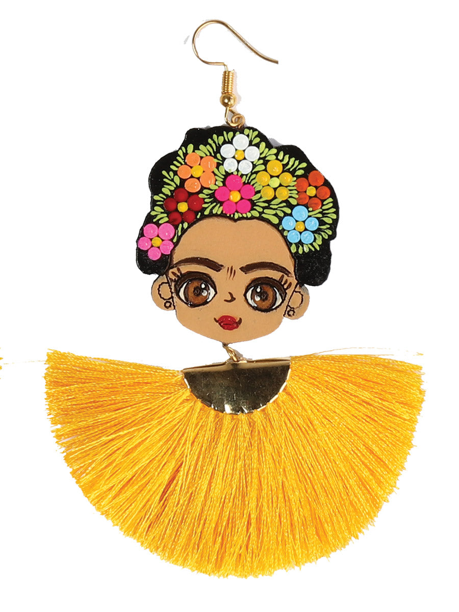 Artisanal Hand-Painted Earrings — Wood-Silk Thread in Yellow
