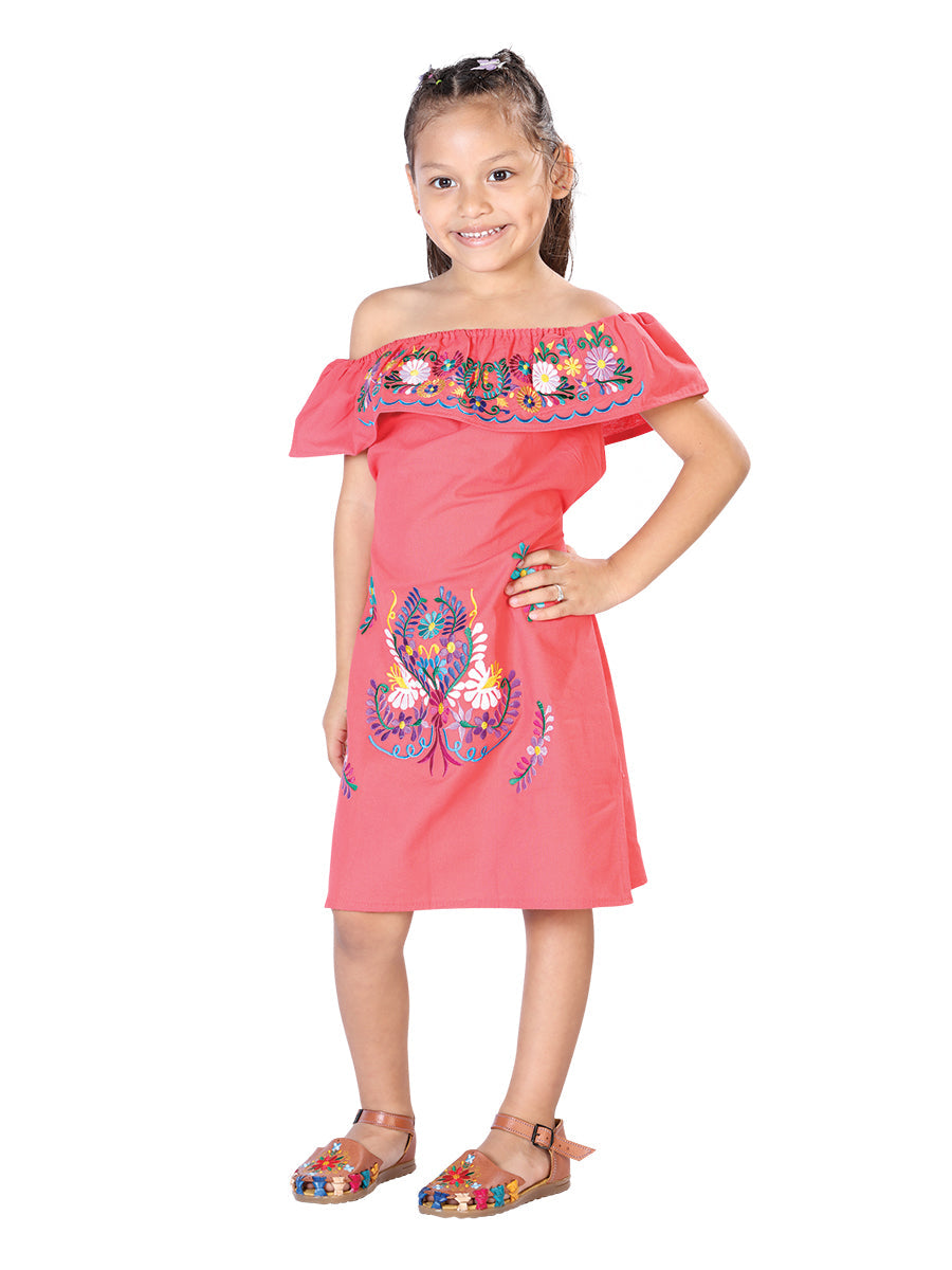 Artisanal Embroidered Dress 100% Cotton in Coral
