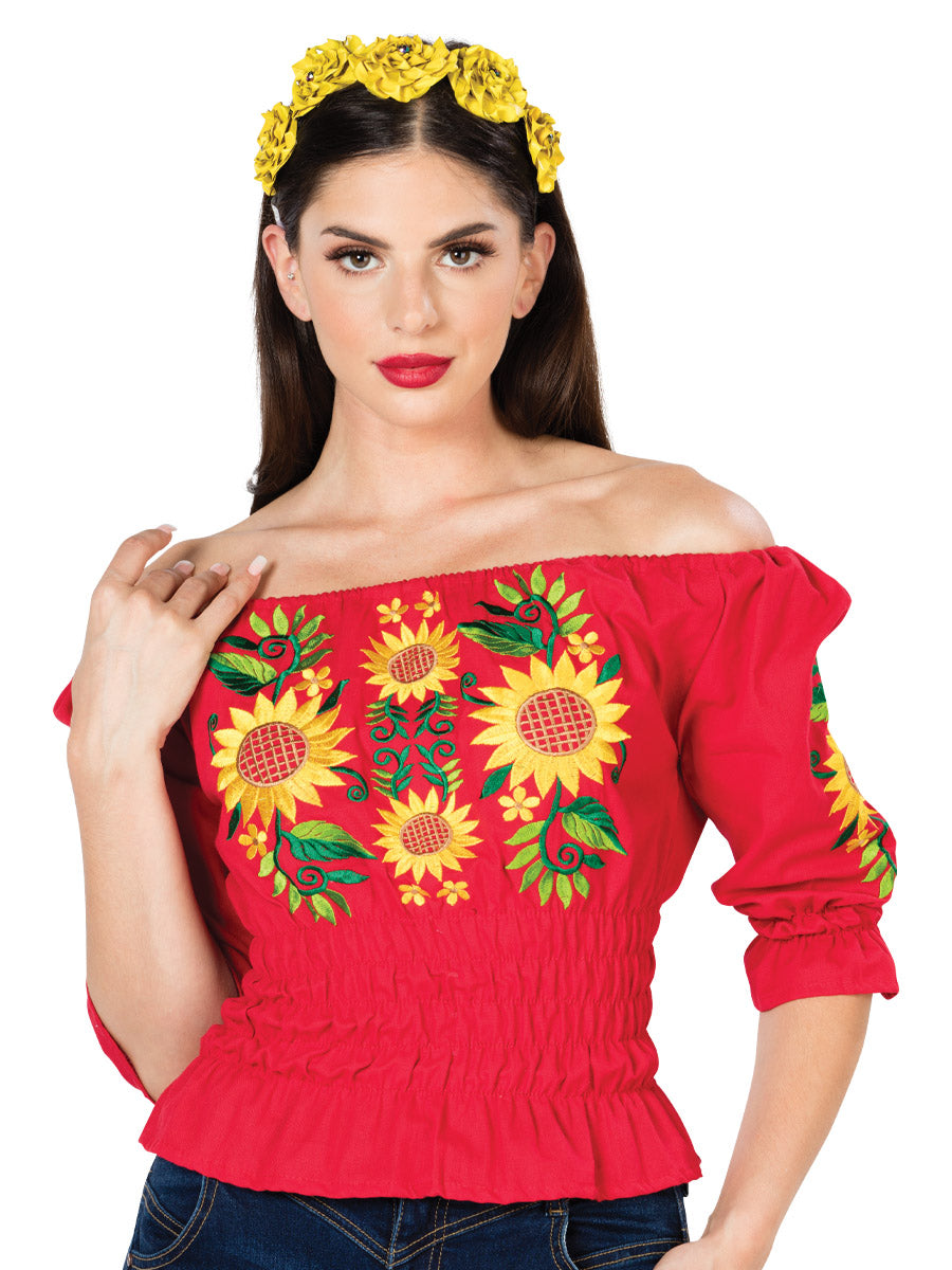 Artisanal Embroidered Blouse 100% Cotton in Red