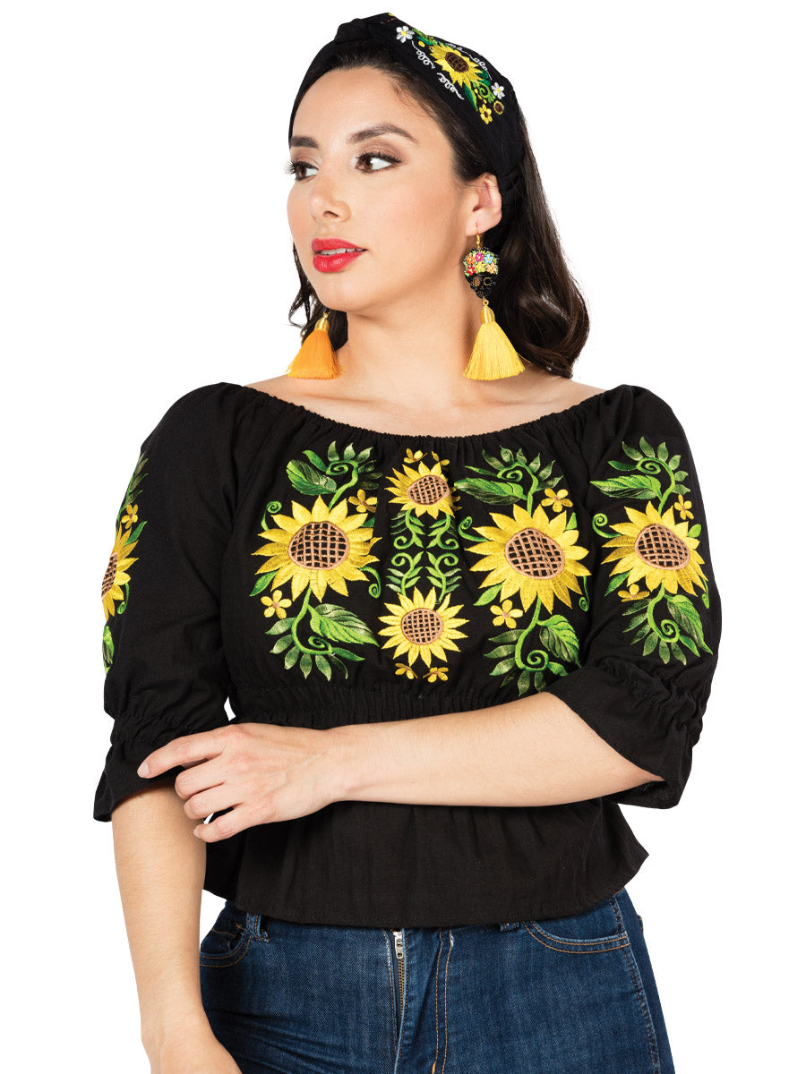 Artisanal Embroidered Blouse 100% Cotton in Black