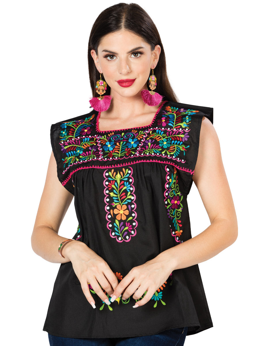 Artisanal Embroidered Blouse 100% Cotton in Black