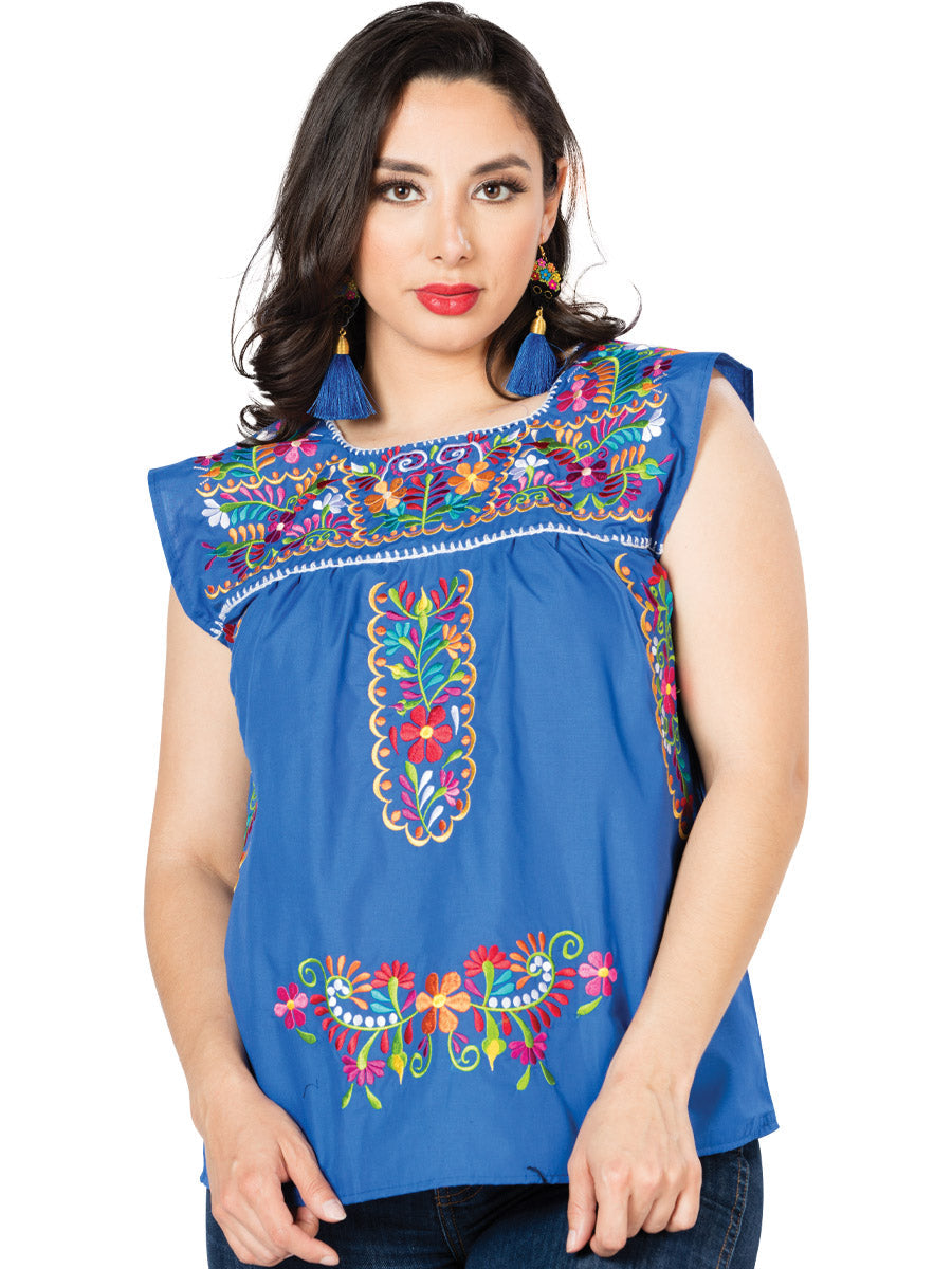 Artisanal Embroidered Blouse 100% Cotton in Blue