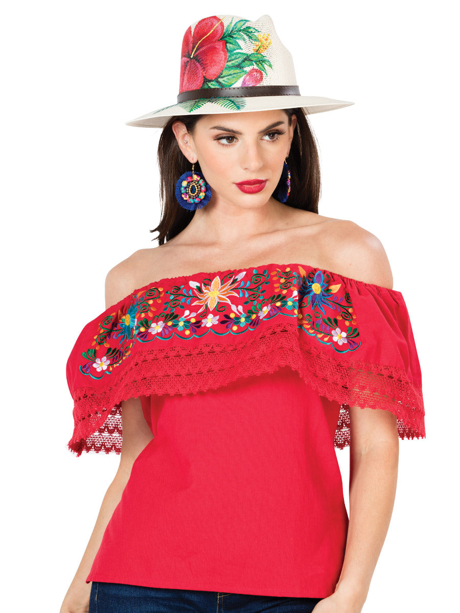 Artisanal Embroidered Blouse 100% Cotton in Red