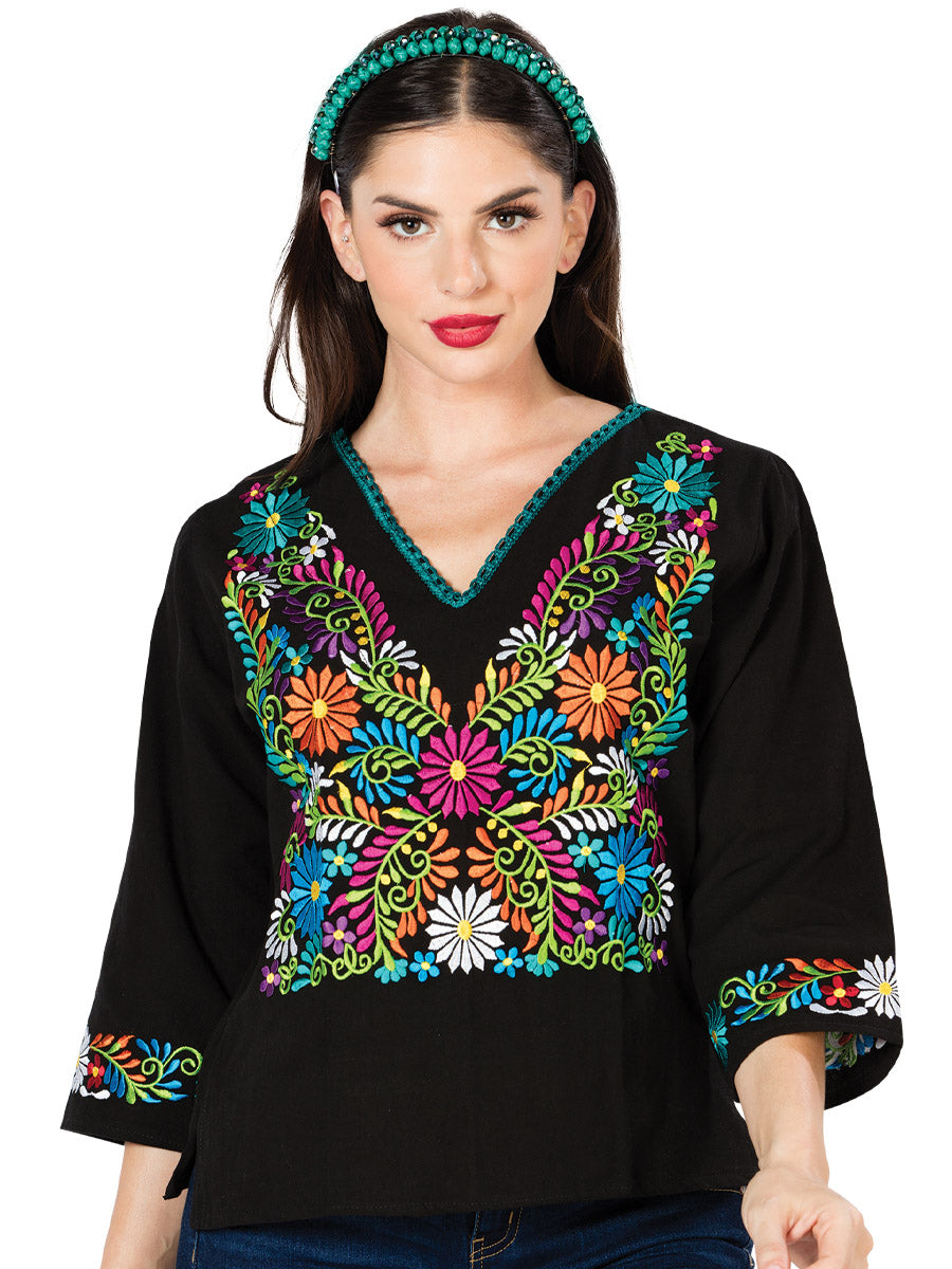 Artisanal Embroidered Blouse 100% Cotton in Black