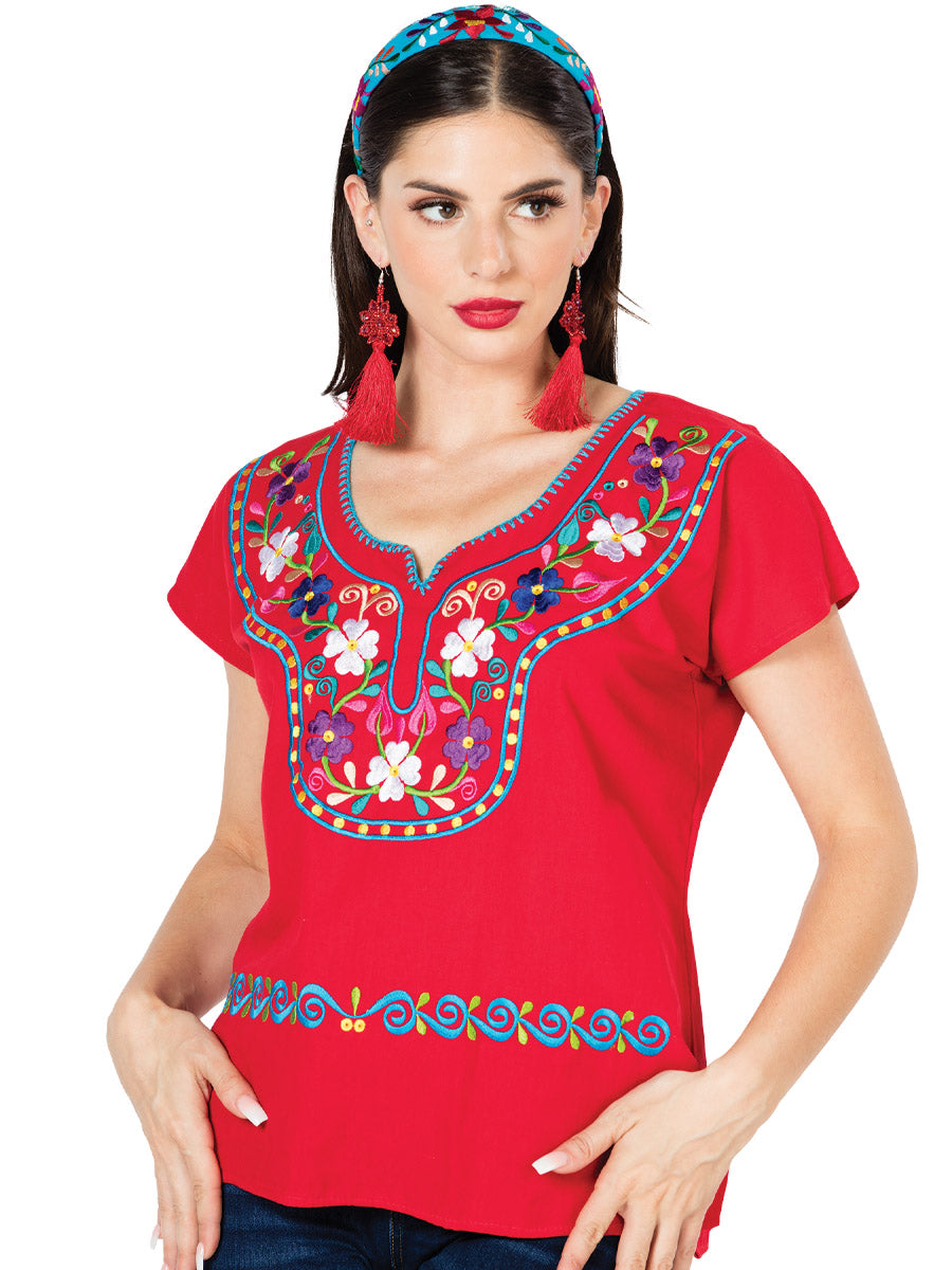 Artisanal Embroidered Blouse 100% Cotton in Red