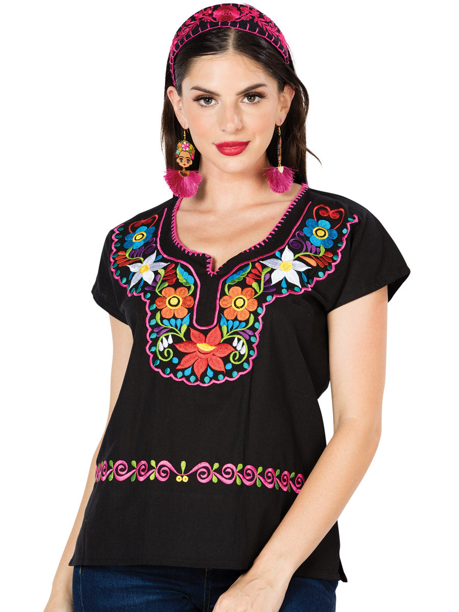 Artisanal Embroidered Blouse 100% Cotton in Black