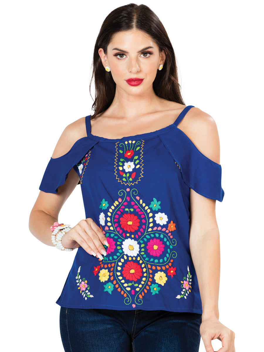 Artisanal Embroidered Blouse 100% Cotton in Blue