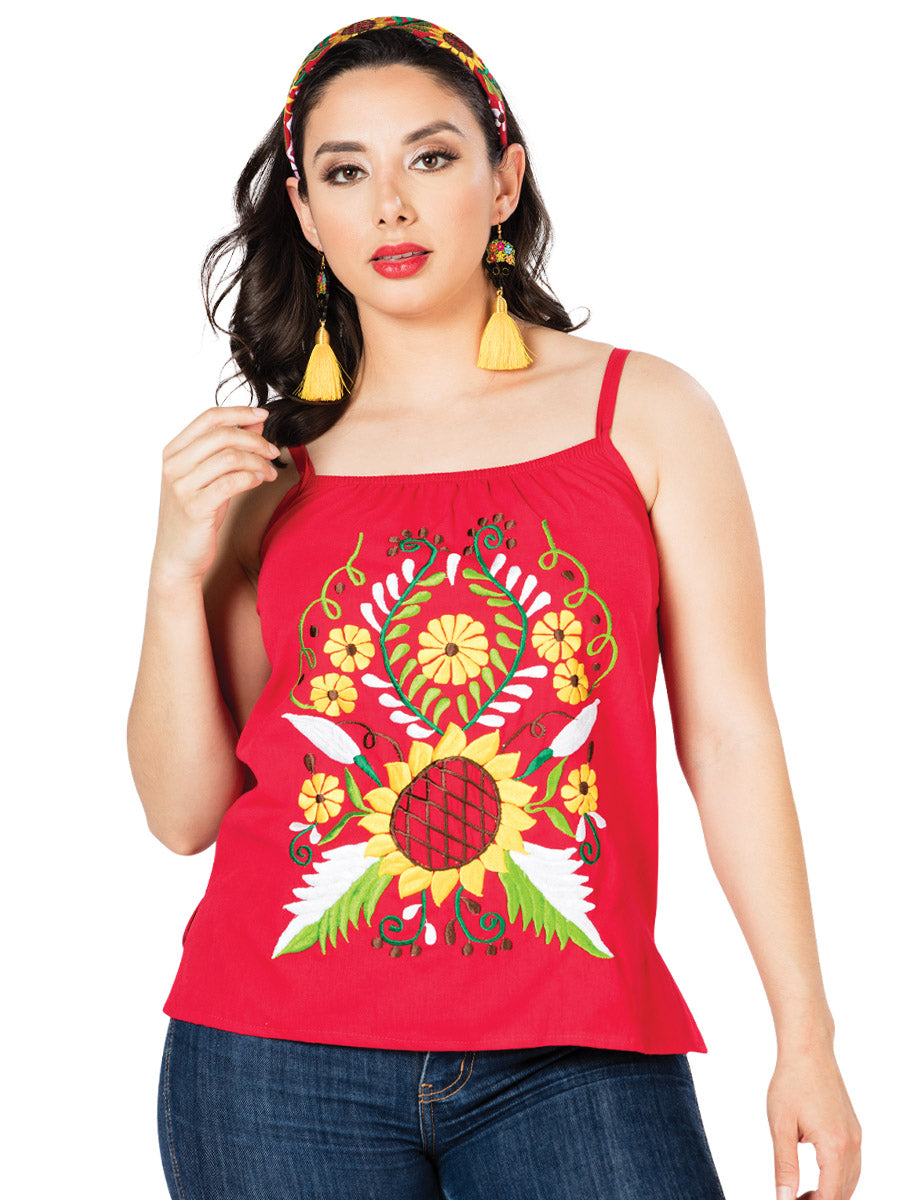 Artisanal Embroidered Blouse 100% Cotton in Red