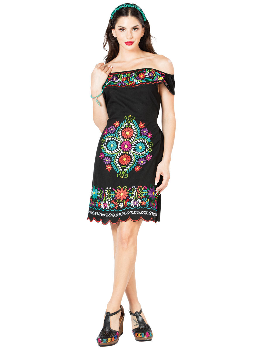 Artisanal Embroidered Dress 100% Cotton in Black