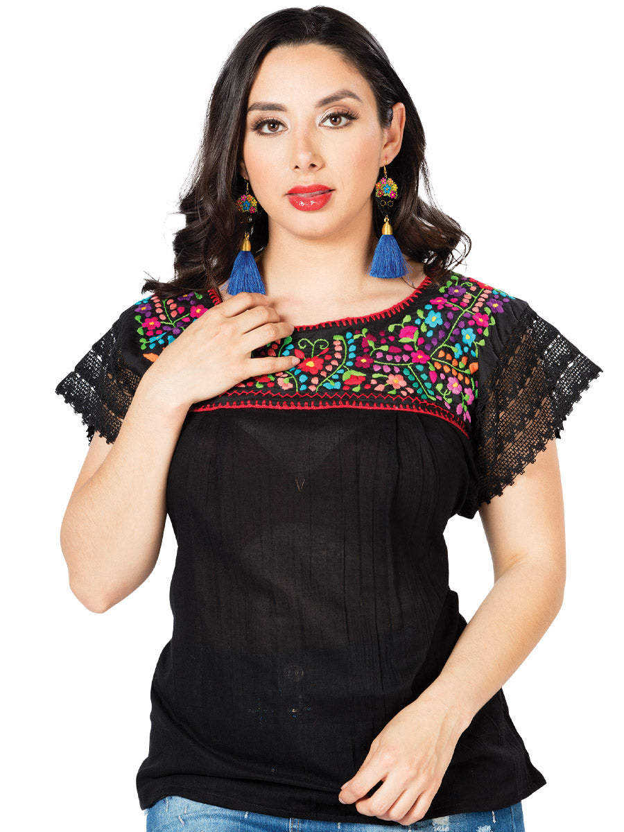 Artisanal Embroidered Blouse 100% Cotton in Black