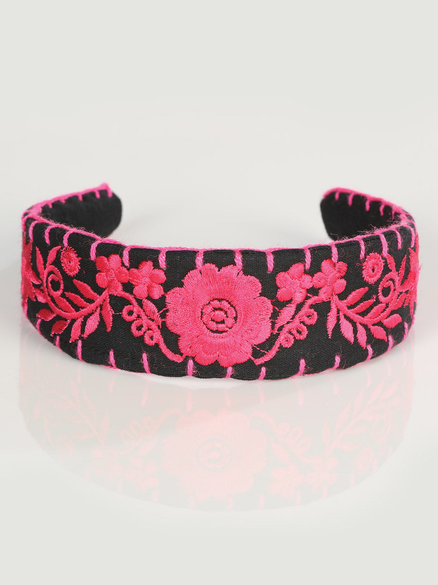 Artisanal Embroidered Headband 100% Cotton in Fuchsia