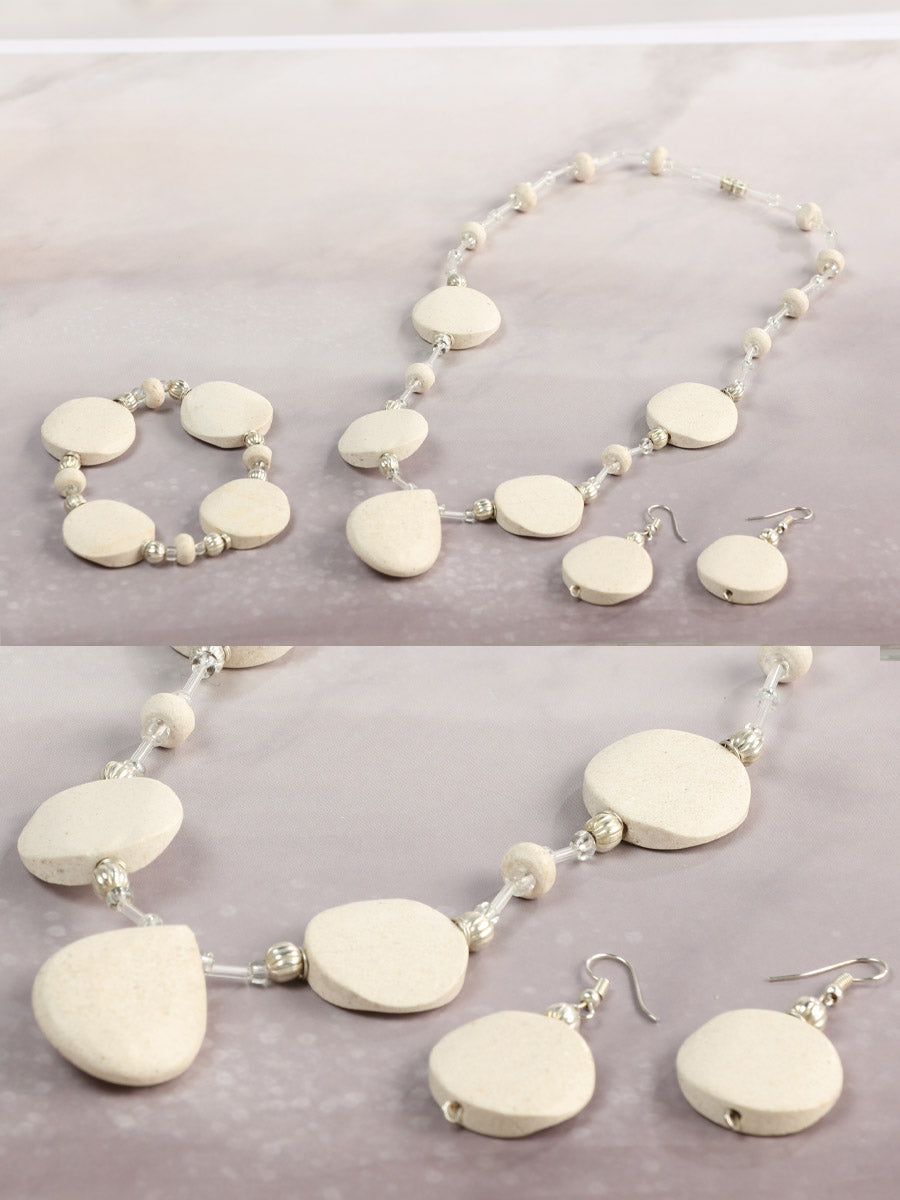 Necklace, Earrings and Bracelet Set — Onyx Stone in Beige