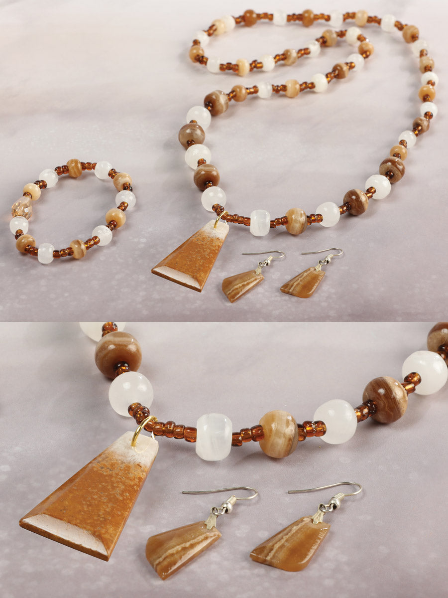 Necklace, Earrings and Bracelet Set — Onyx Stone in Brown/Caramel