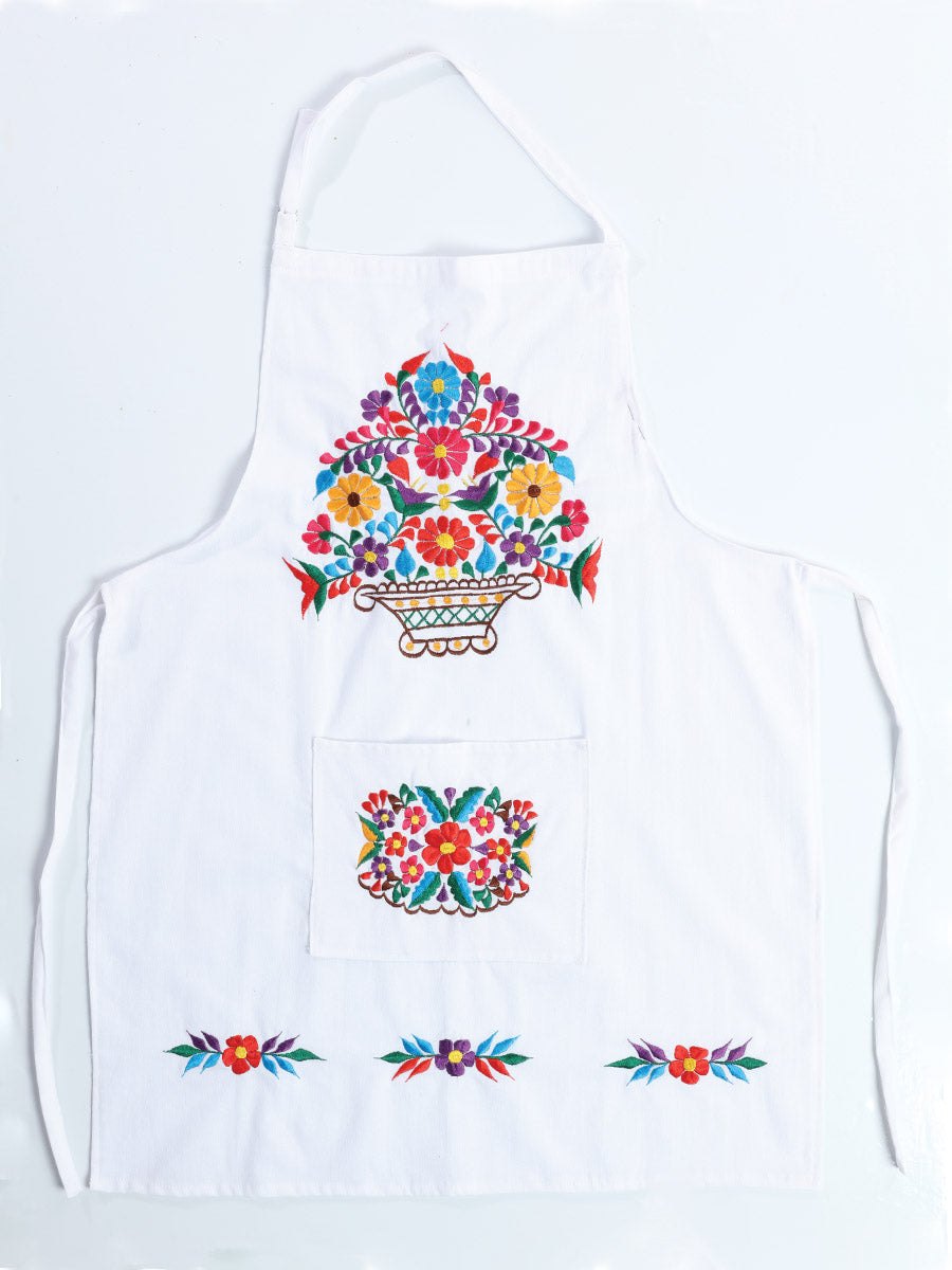 Mexican Artisanal Embroidered Apron 100% Cotton in White