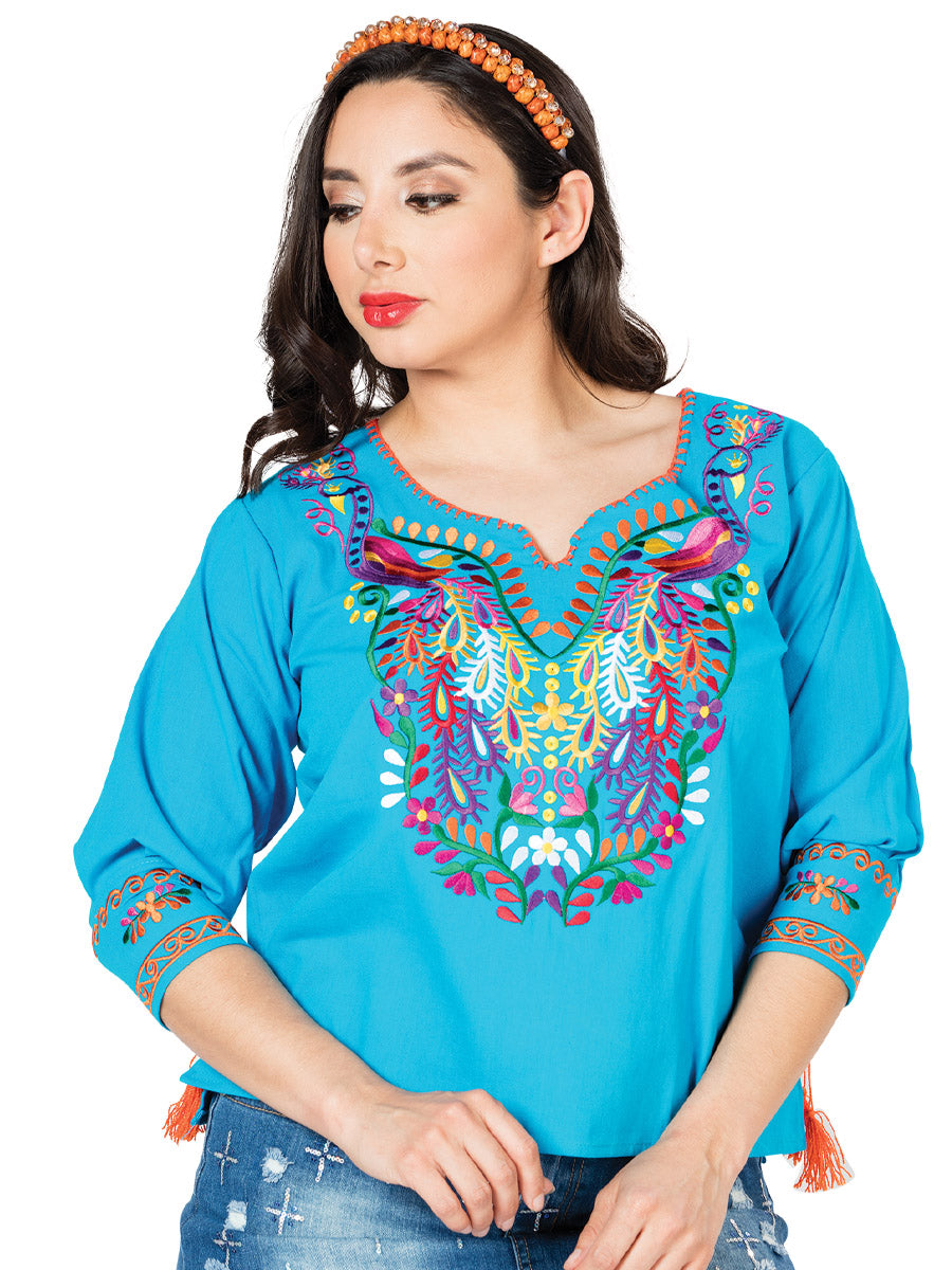 Artisanal Embroidered Blouse 100% Cotton in Blue