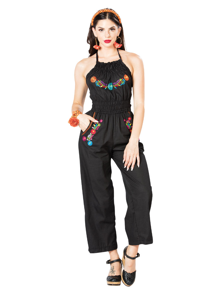 Artisanal Embroidered Jumpsuit 100% Cotton in Black