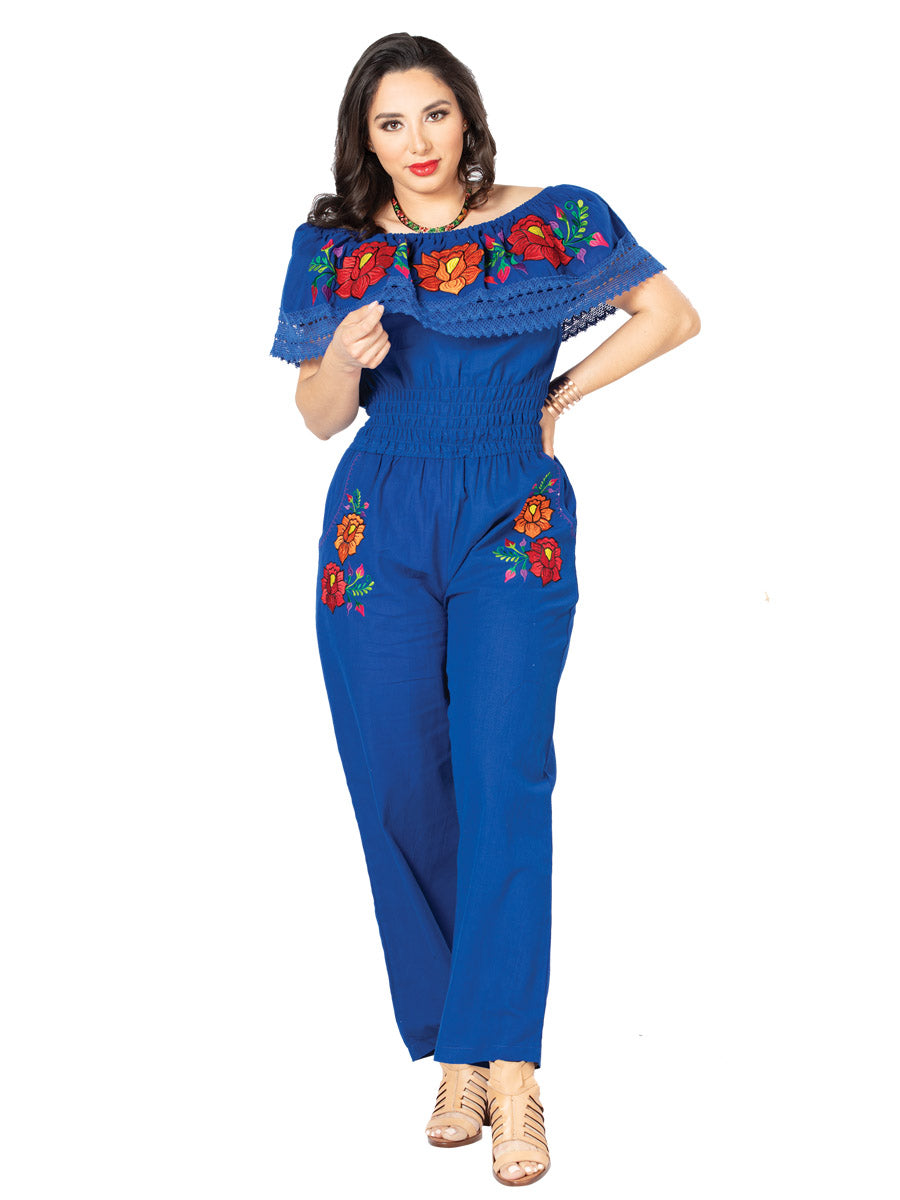 Artisanal Embroidered Jumpsuit 100% Cotton in Royal Blue