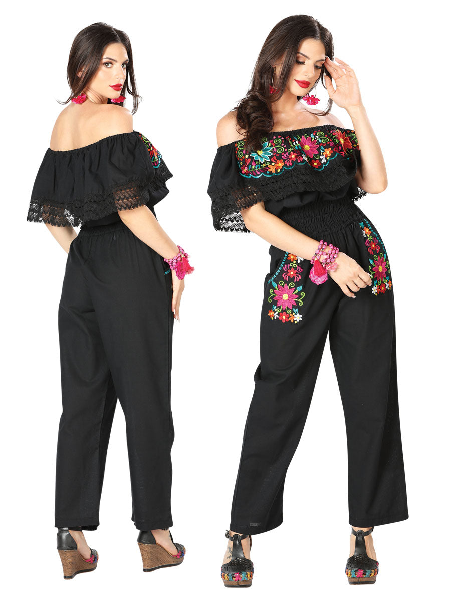 Artisanal Embroidered Jumpsuit 100% Cotton in Black