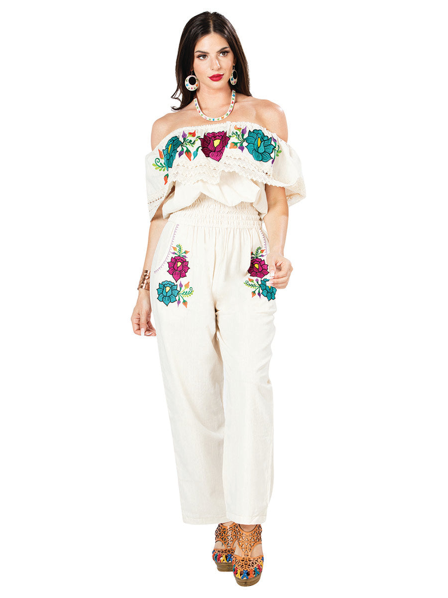 Artisanal Embroidered Jumpsuit 100% Cotton in Ivory