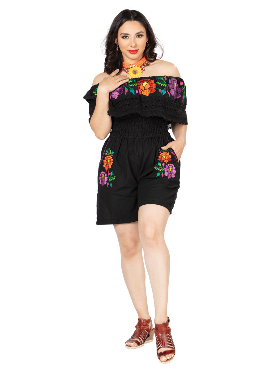 Artisanal Embroidered Romper 100% Cotton in Black