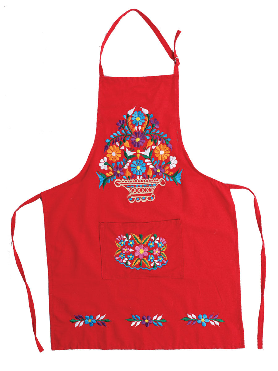 Mexican Artisanal Embroidered Apron — 50% Cotton, 50% Polyester in Red