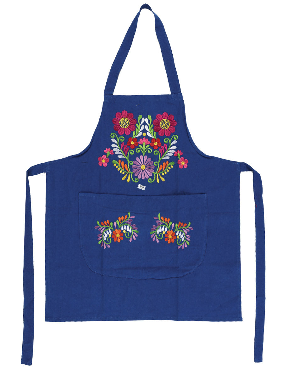 Mexican Artisanal Embroidered Apron — 50% Cotton, 50% Polyester in Royal Blue