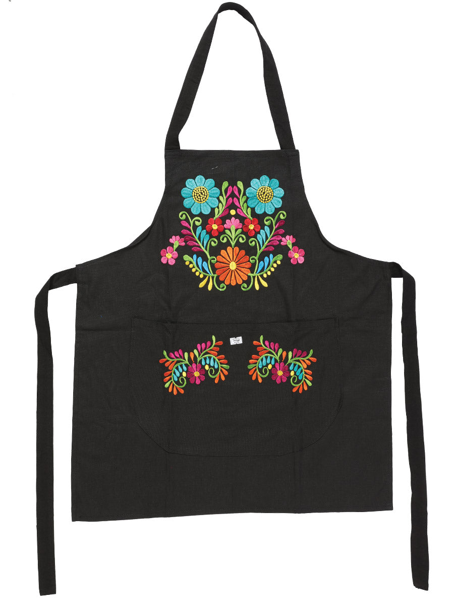 Mexican Artisanal Embroidered Apron — 50% Cotton, 50% Polyester in Black