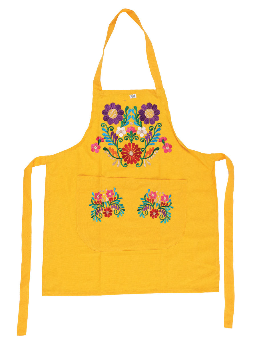Mexican Artisanal Embroidered Apron 50% Cotton, 50% Polyester in Yellow
